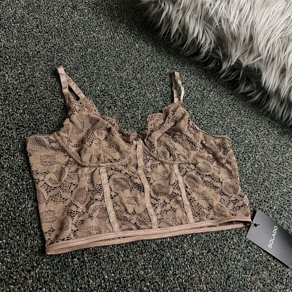 Nude Taupe Brown Tan Lace Structured Bustier Bra Corset Top Sexy Stretch Shirt S - Picture 4 of 16